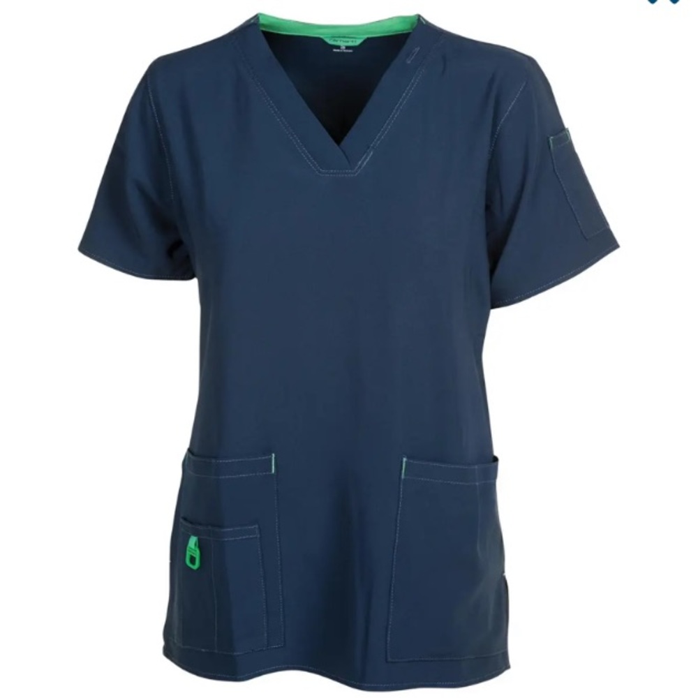 Carhartt Women's Navy Blue Cross-flex Media Scrub Top, Stripes Pattern NWT